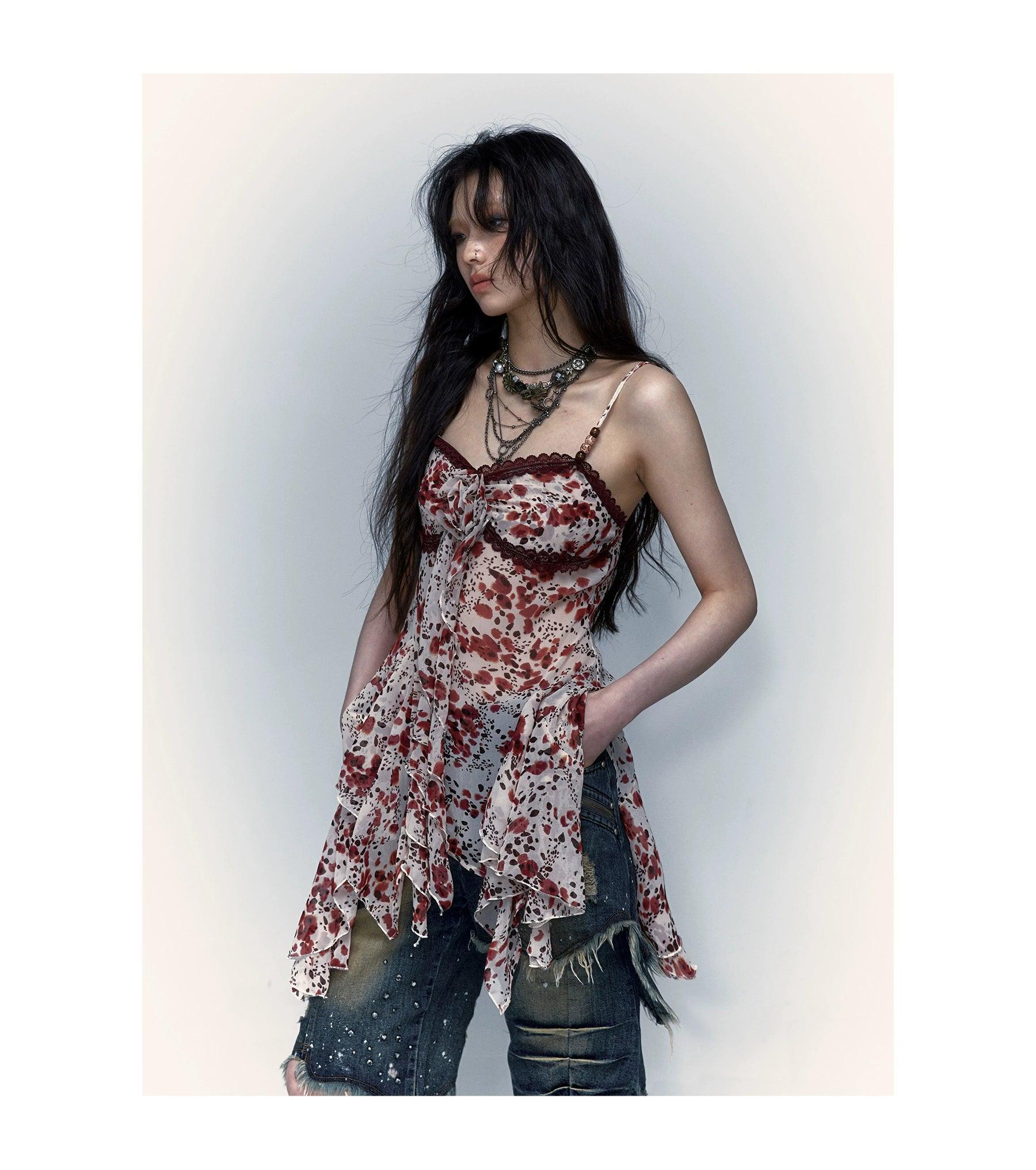 No Romance Floral Handkerchief Hem Camisole - Women'S Lace Trim Asymmetrical Tank Top