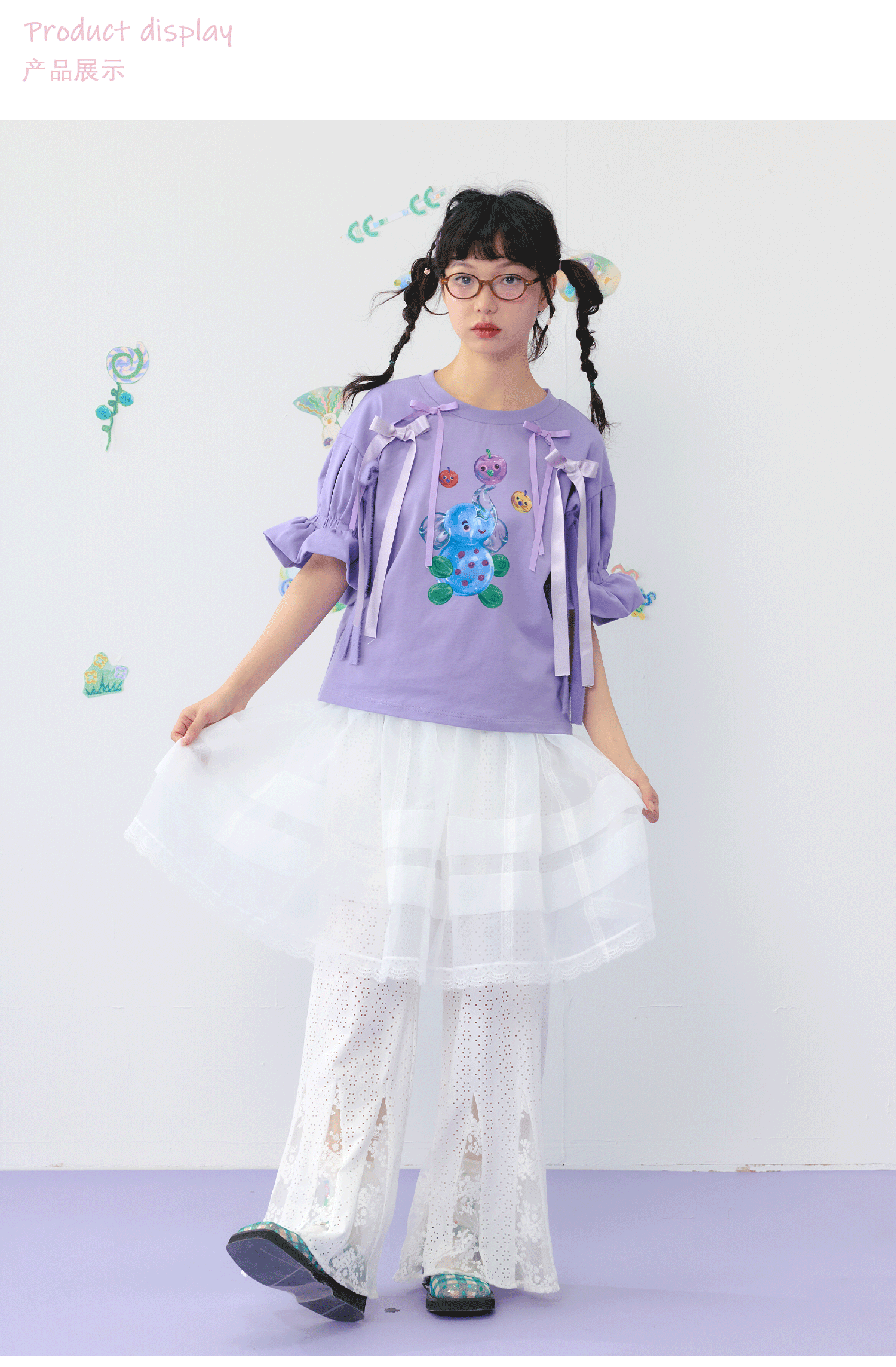 Purple Elephant Bow Puff Sleeve Top