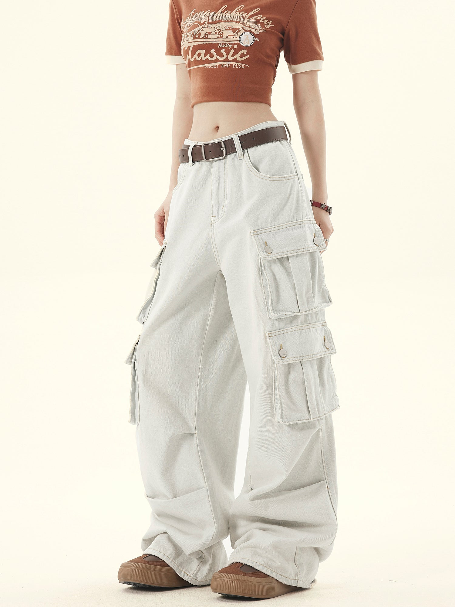 Light-Washed Denim Wide-leg Cargo Pants