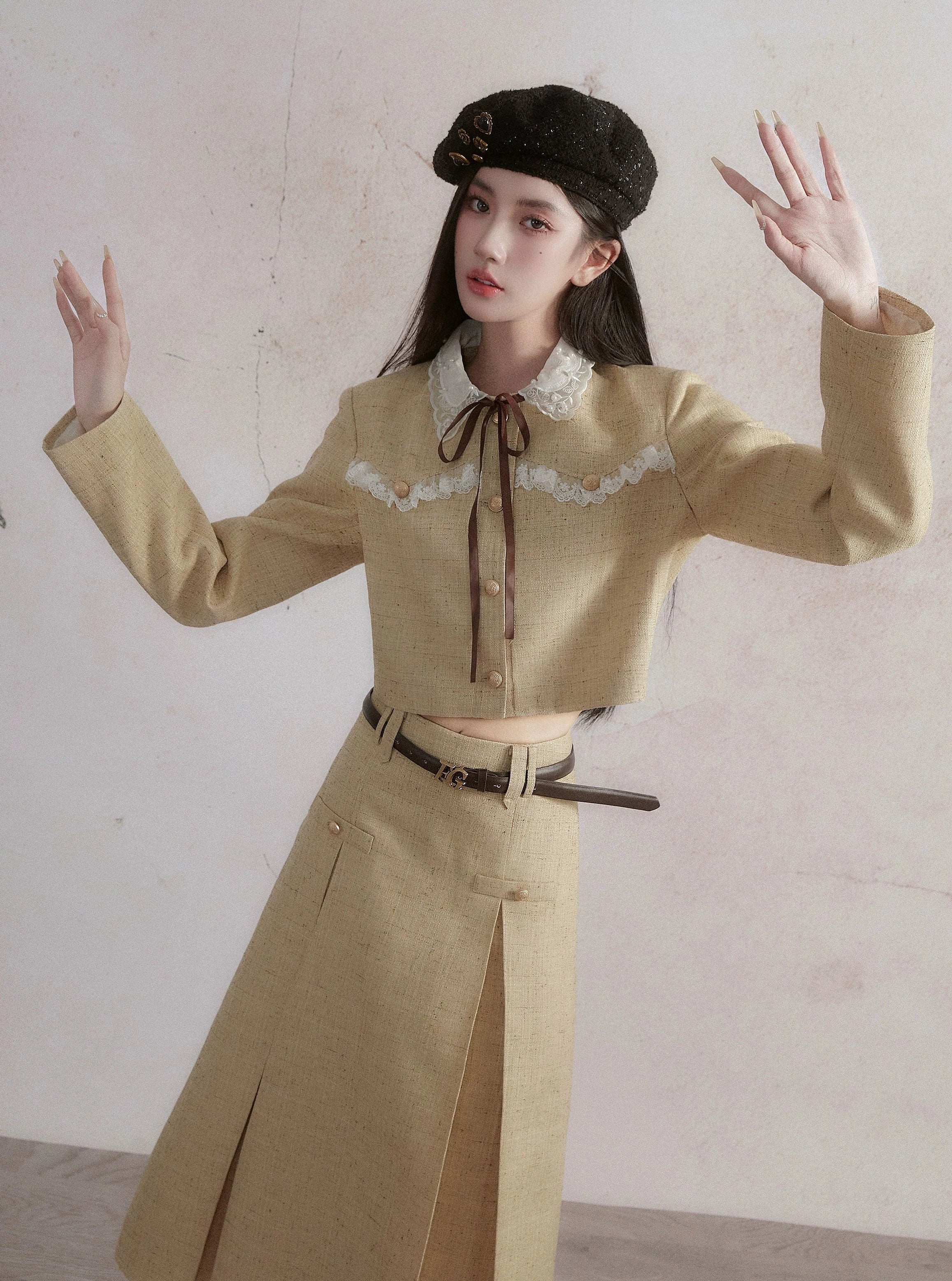 Vintage Prairie Chic Crop Jacket and A-Line Midi Skirt Set - Golden Wheat