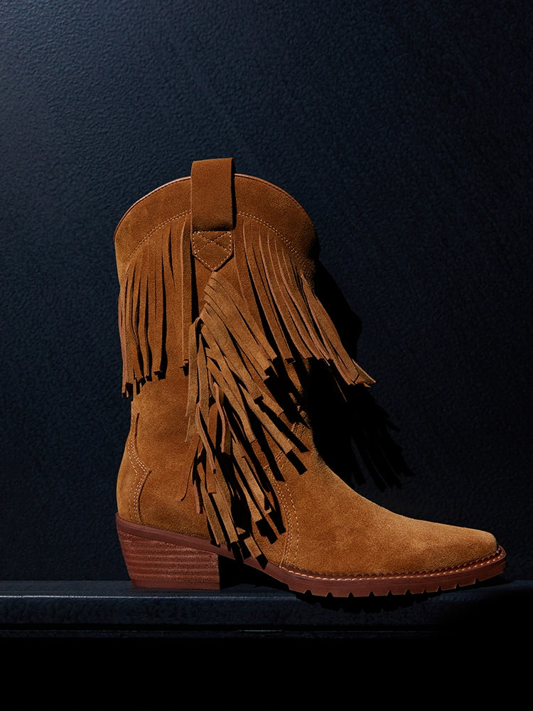 Cowboy Boot with Fringe Detailing and a Brown Stacked Heel