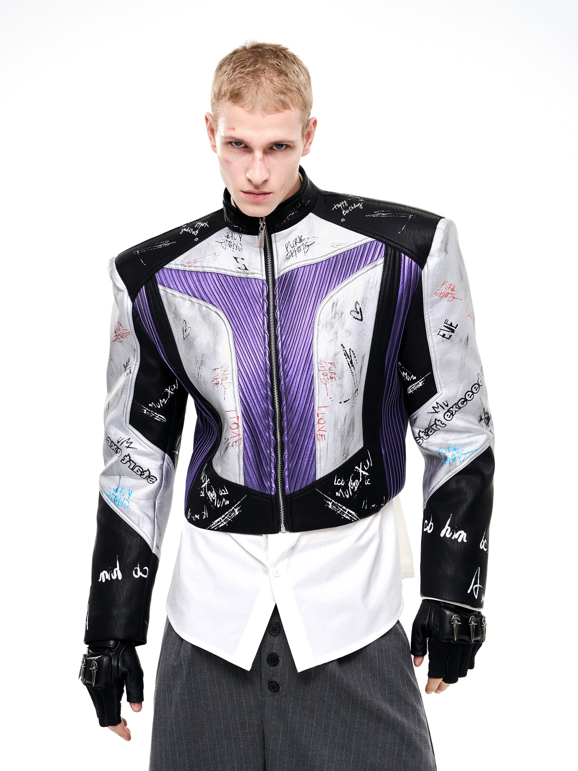 Colorblock Graffiti Print Moto Leather Jacket