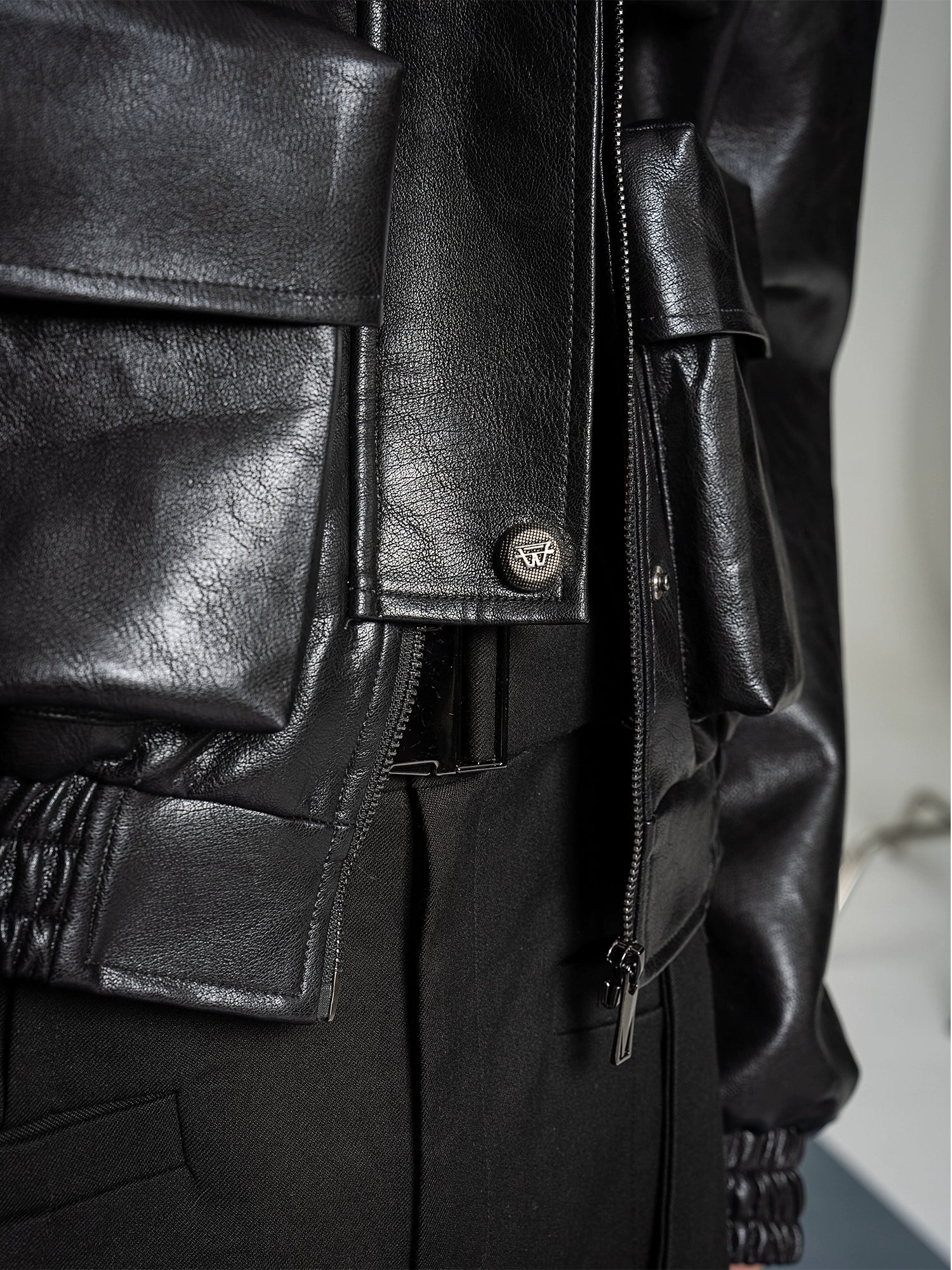 Boxy Faux Leather Cargo Pocket Jacket