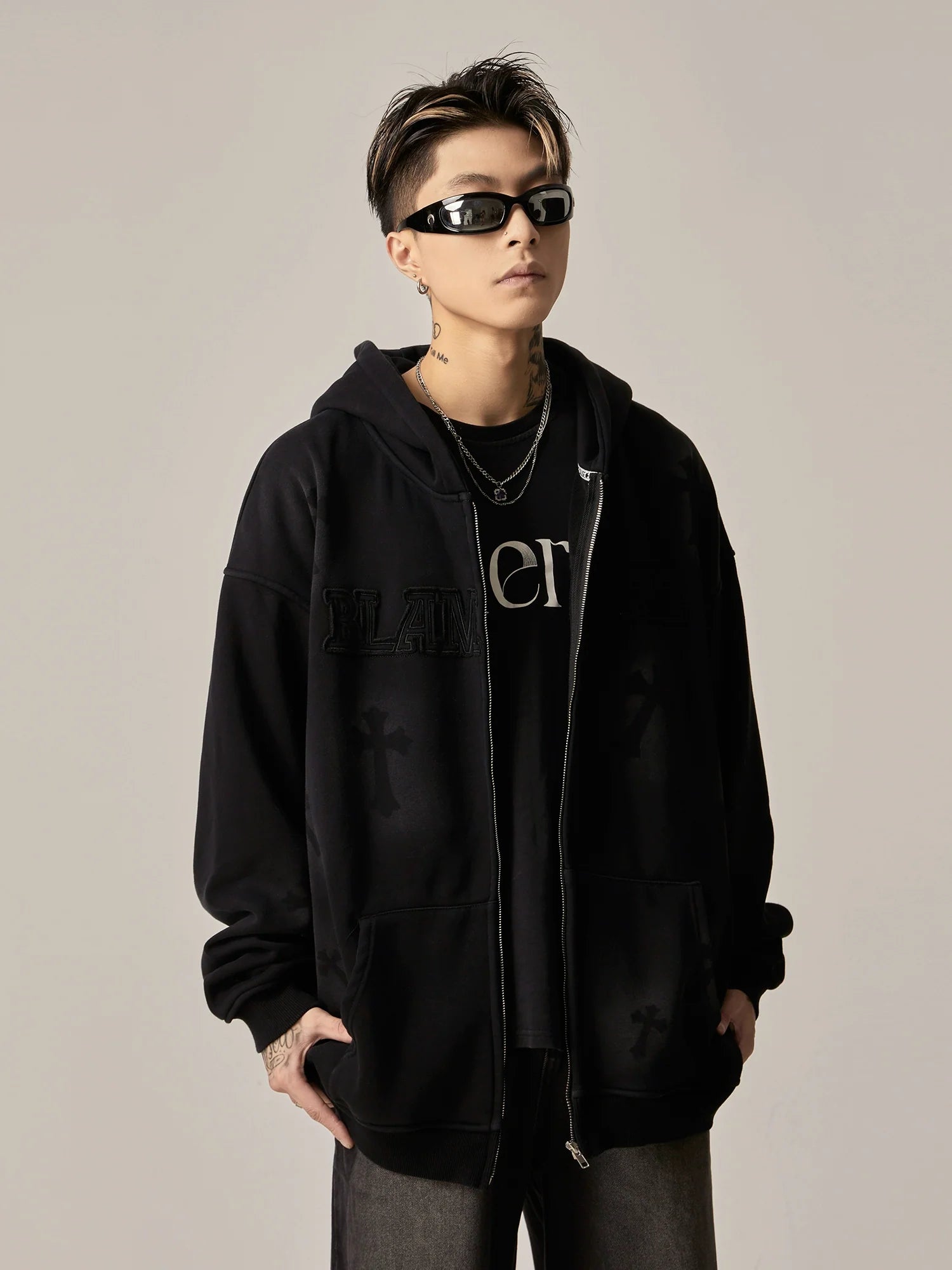 Oversized Black Embroidered Zip-Up Hoodie