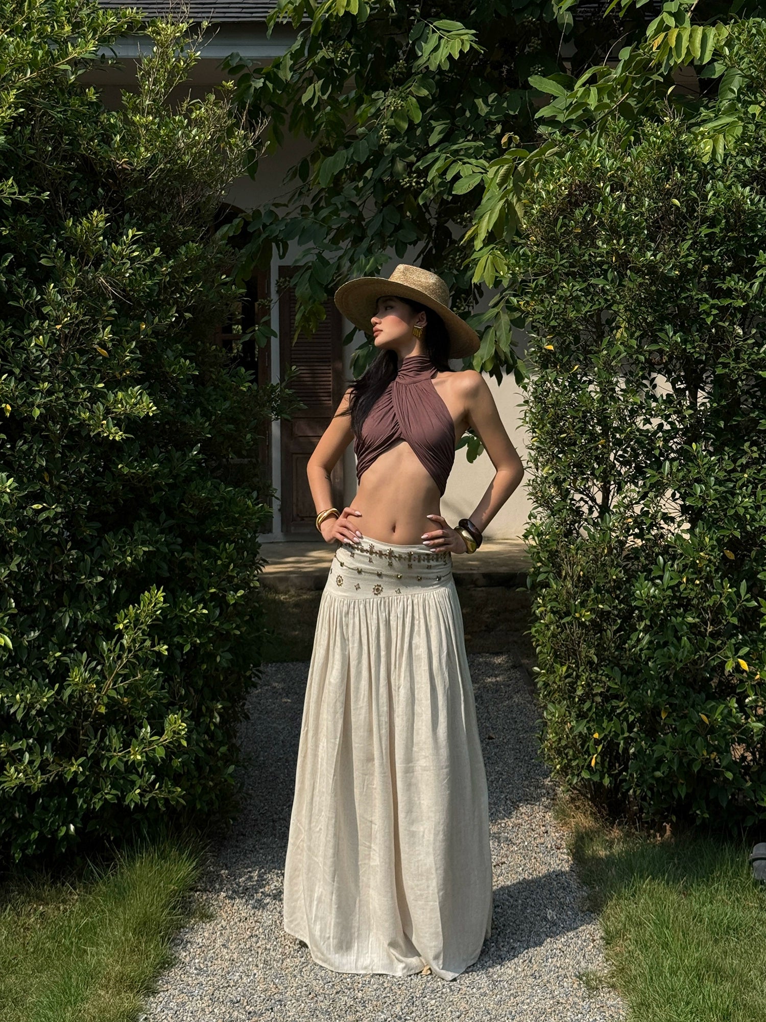 Beige Embroidered High Waist Midi Skirt
