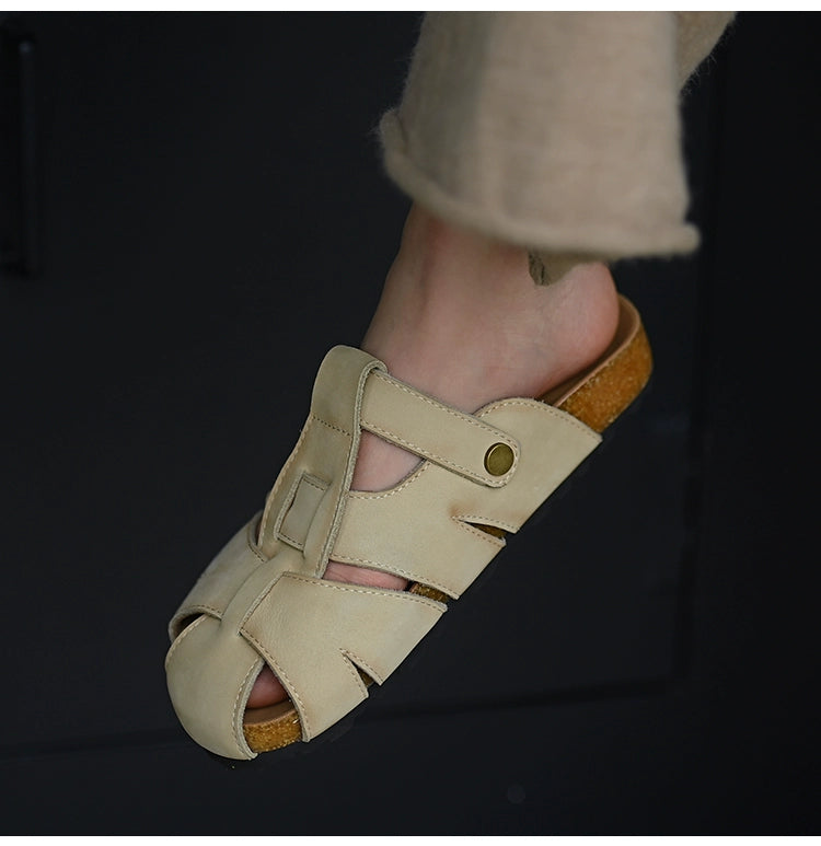 Beige Leather Buckle Strap Sandals