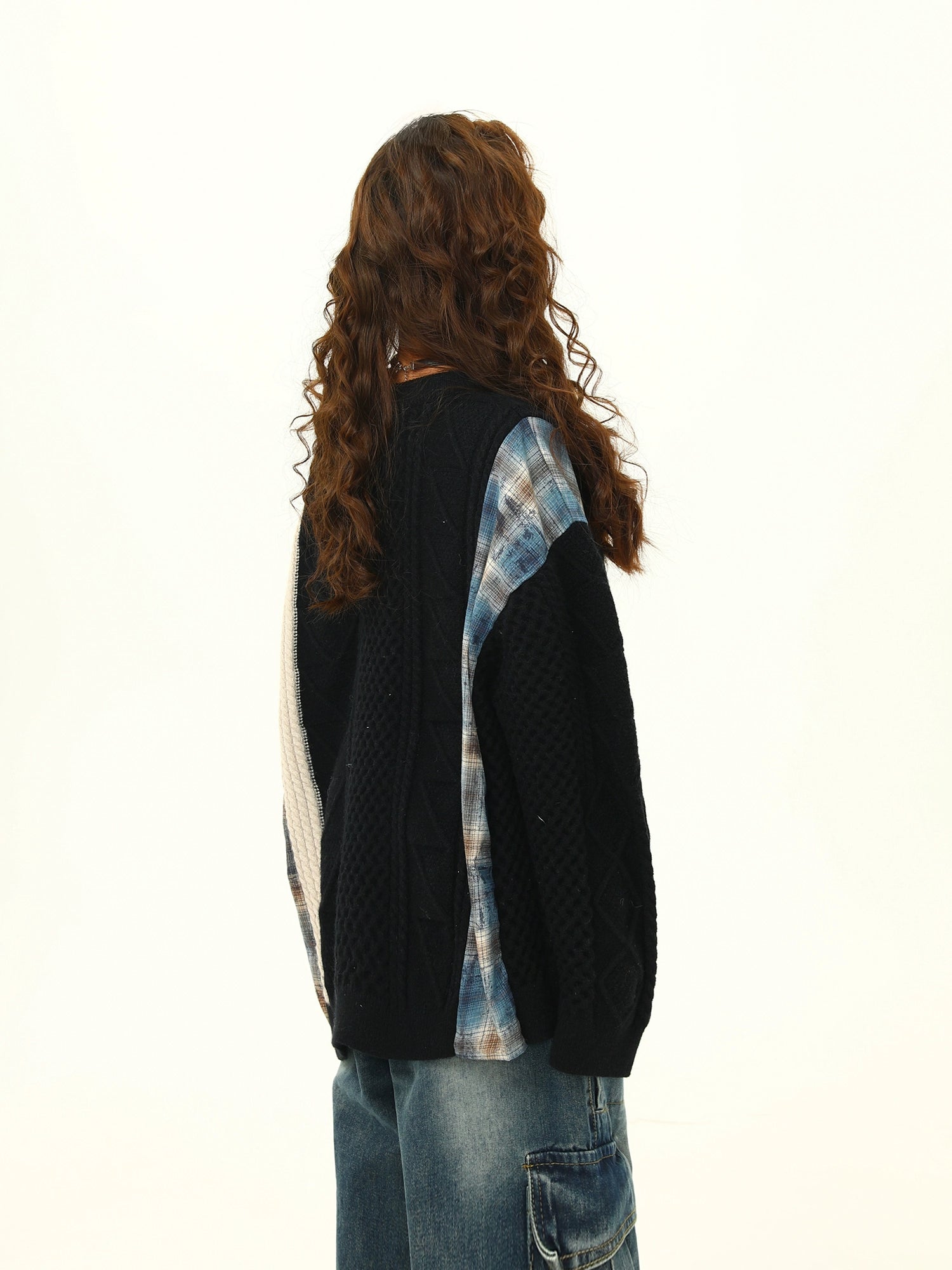 Patchwork Knit and Plaid Sweater