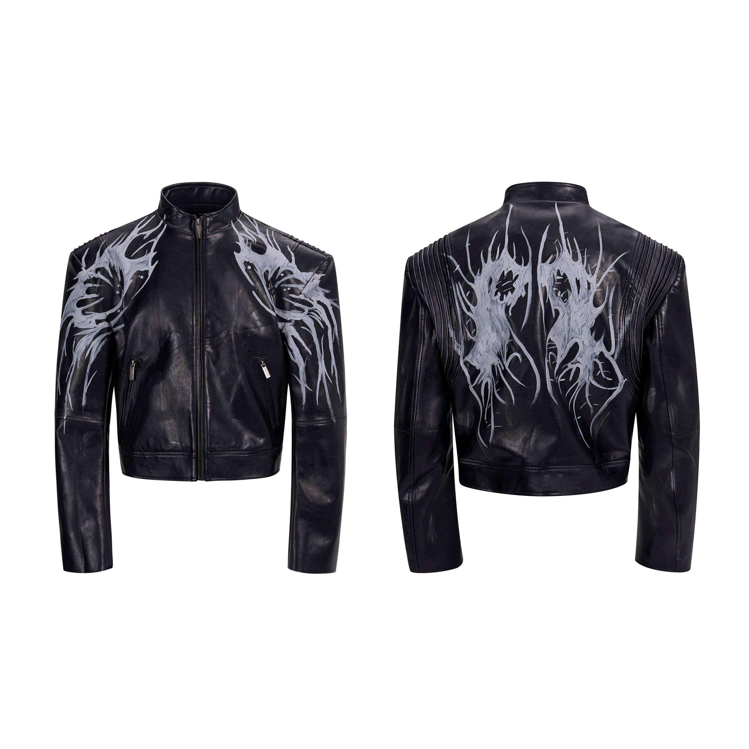 Black Leather Jacket with Silver Flame Graphic Detailing