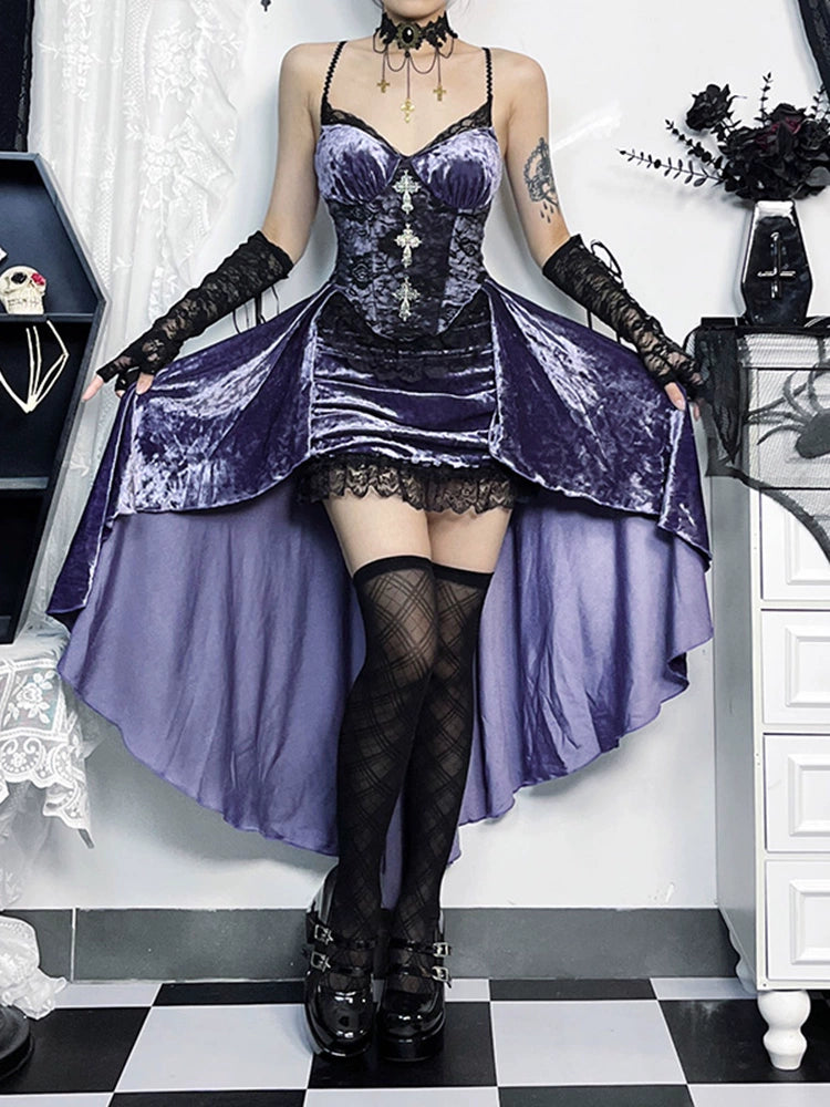 Wannathis Gothic Velvet Corset Dress Set - Purple High-Low Gown With Lace Trim And Black Lace Bolero