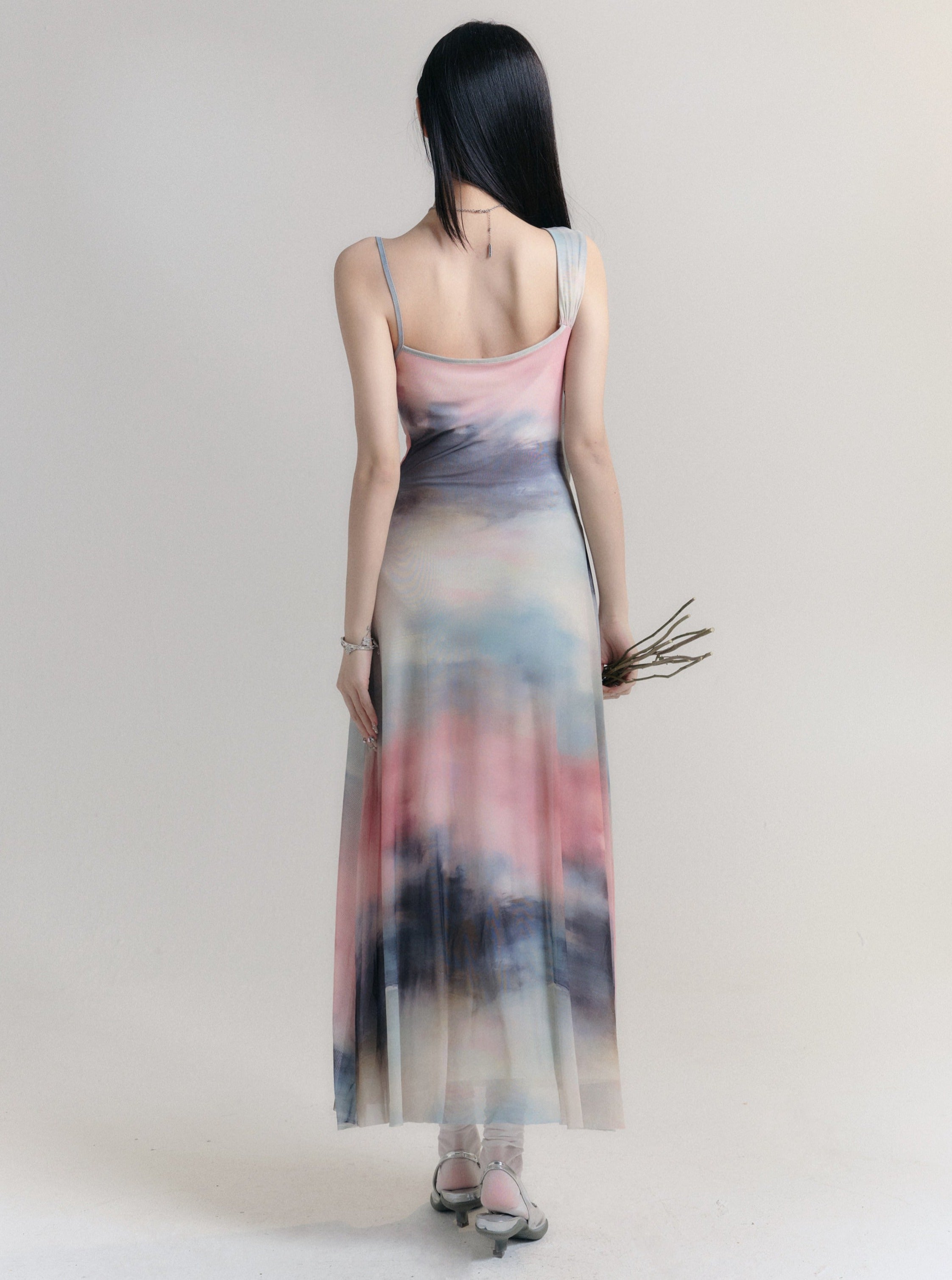 Ethereal Watercolor Maxi Dress: Asymmetric Cowl Neck Ombre Gown in Pastel Hues