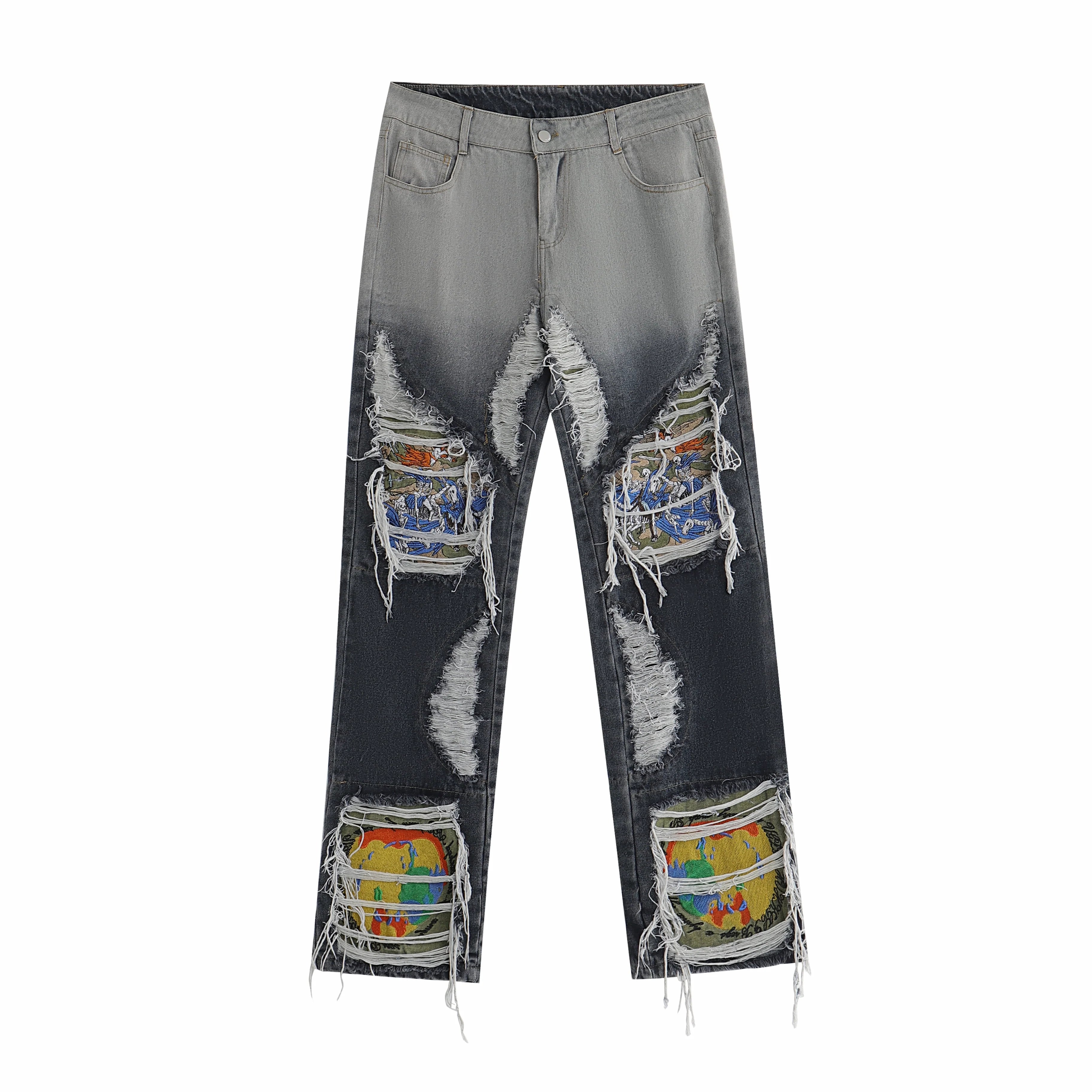 Men's Frayed Washed Embroidered Jeans