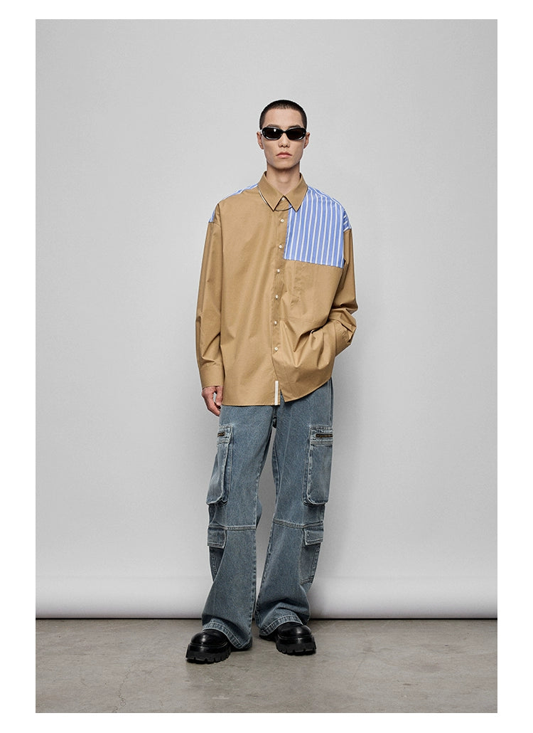 Color-Block Patchwork Pocket Oversized Shirt