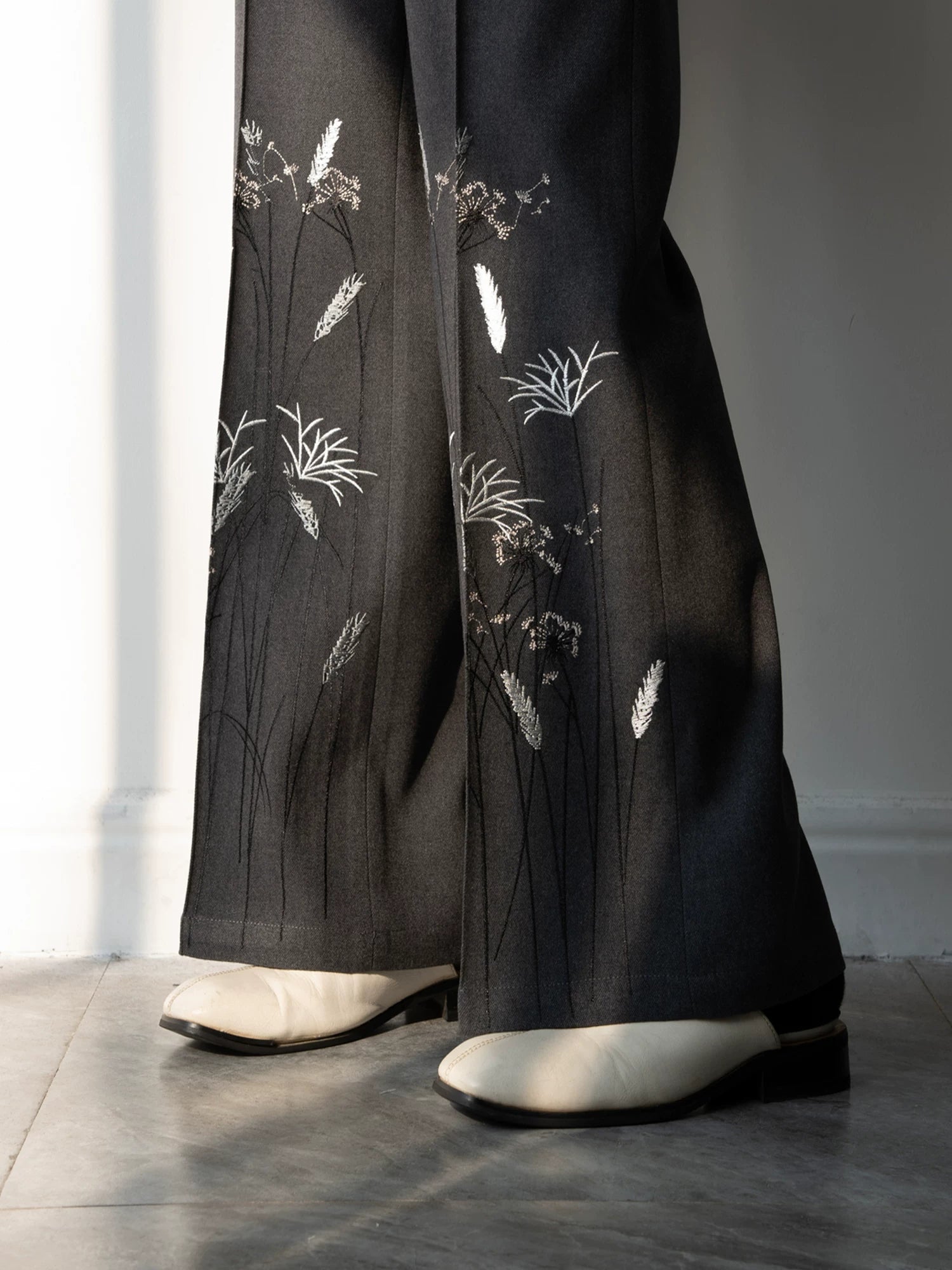Midnight Meadow Embroidered Wool Trousers