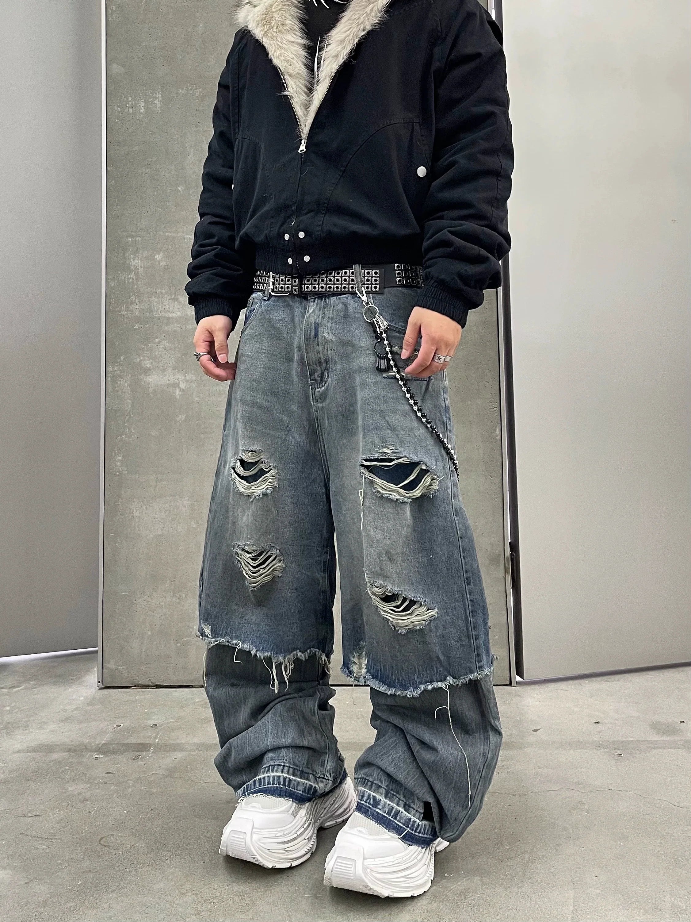 Patchwork Distressed Layered Wide-Leg Jeans