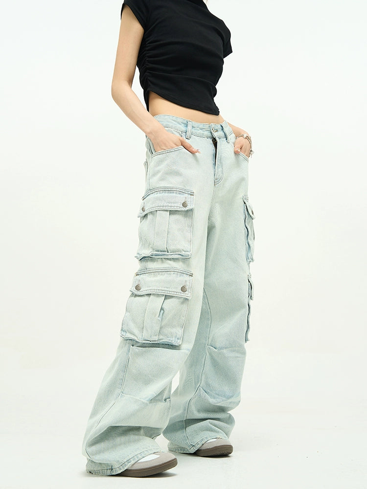Light Wash Baggy Cargo Jeans with Multiple Flap Pockets