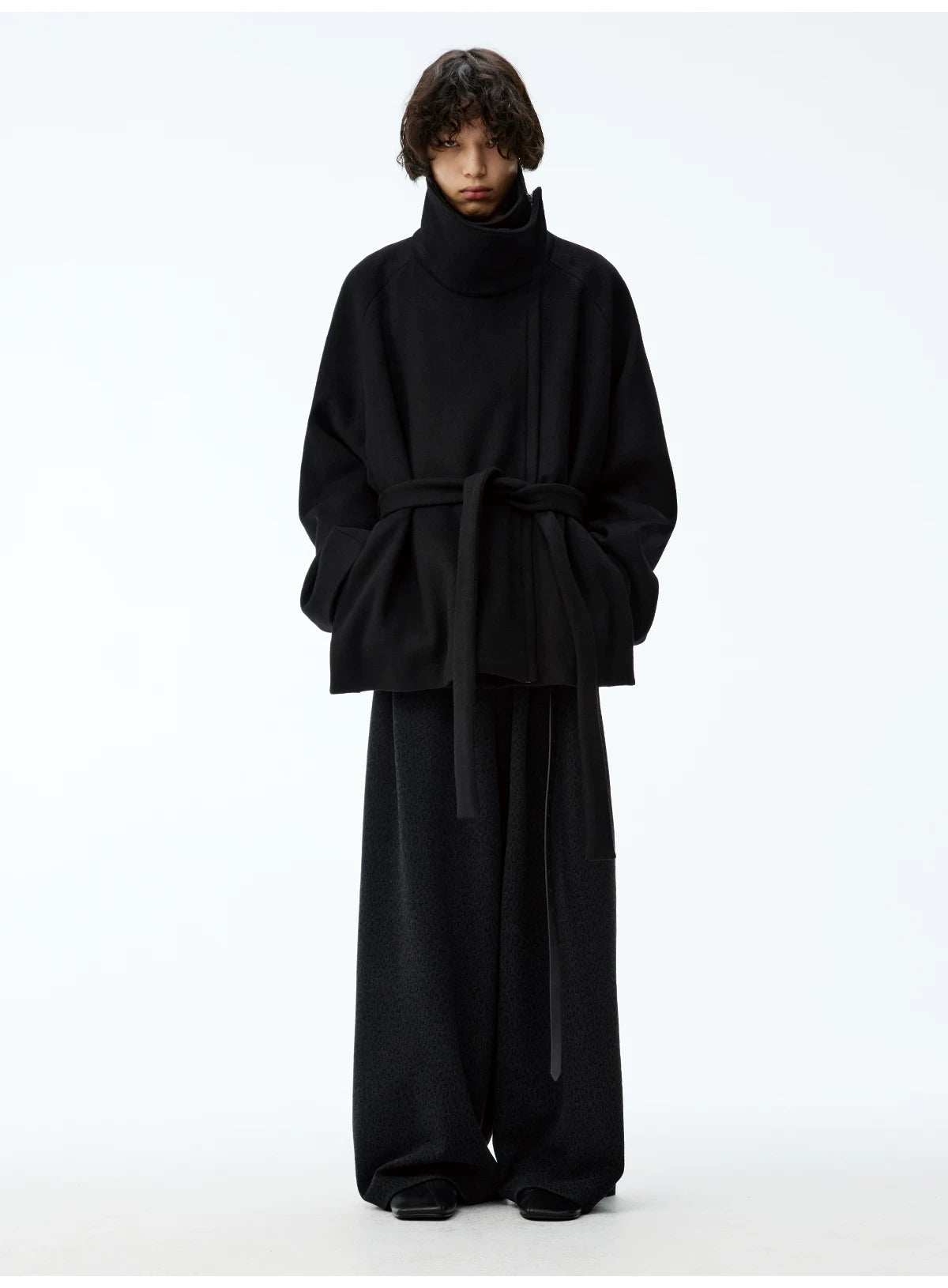 Black Funnel-Neck Belted Wool Coat
