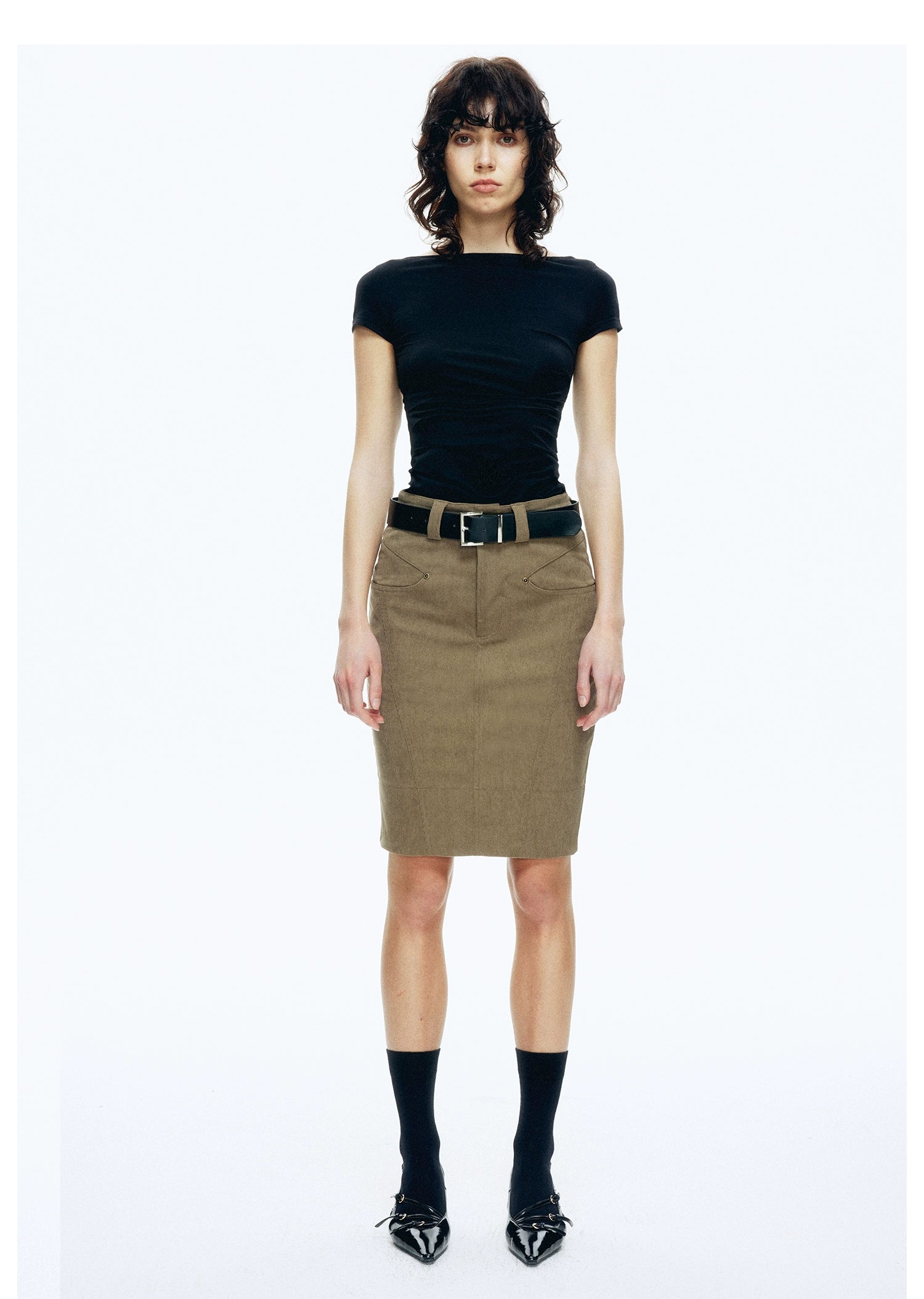 Khaki Corduroy Midi Skirt