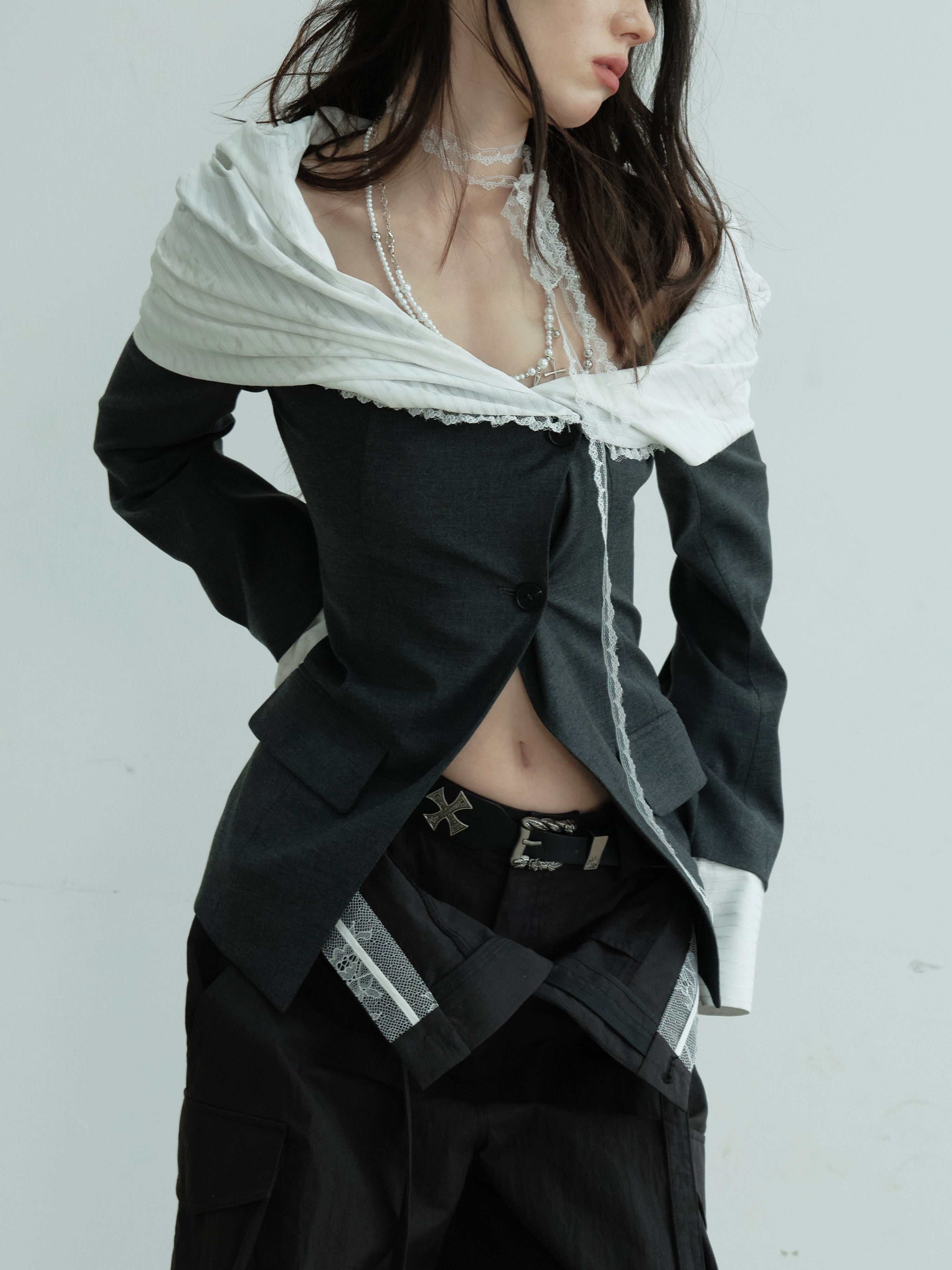Deconstructed Asymmetric Collar Wool Blazer Jacket
