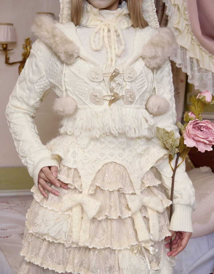 Ivory Fur-Trim Cable Knit Cropped Cardigan