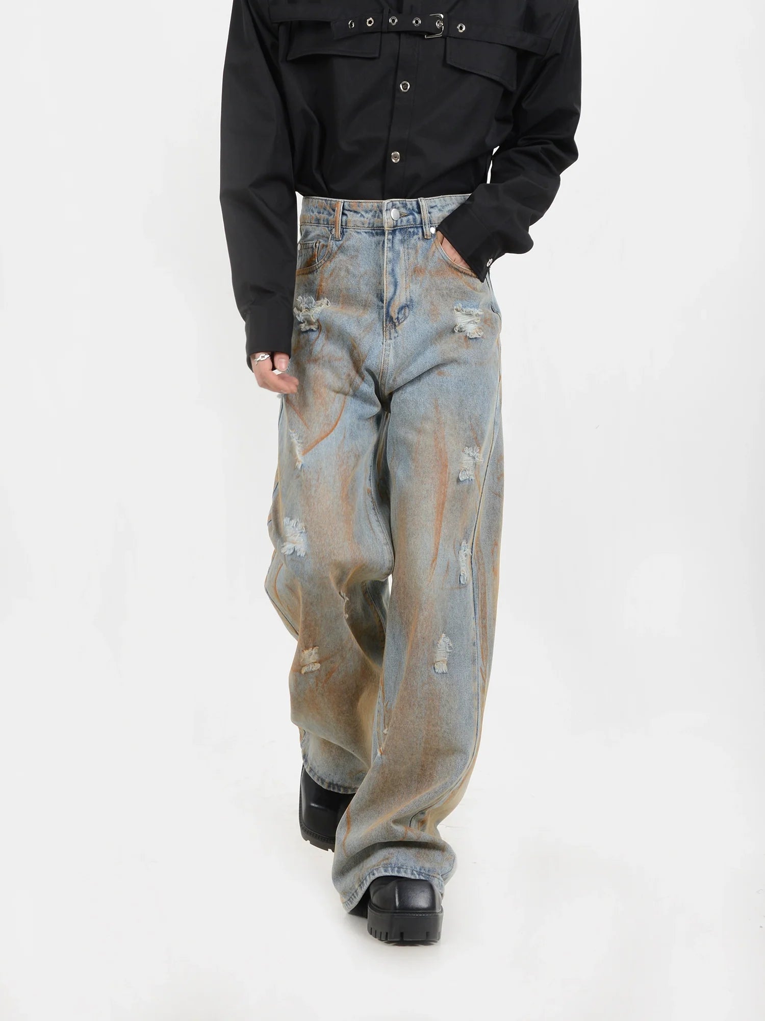 Damage Rust Wash Wide-Leg Jeans