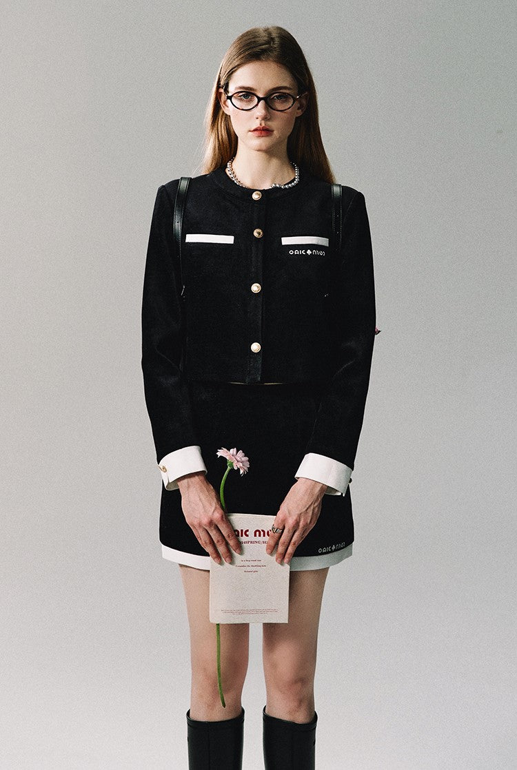 Black Velvet Contrast Trim Suit Top/Skirt