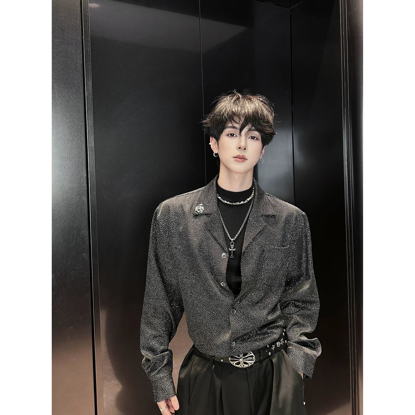 Starlit Static Shadow-Speck Satin Shirt