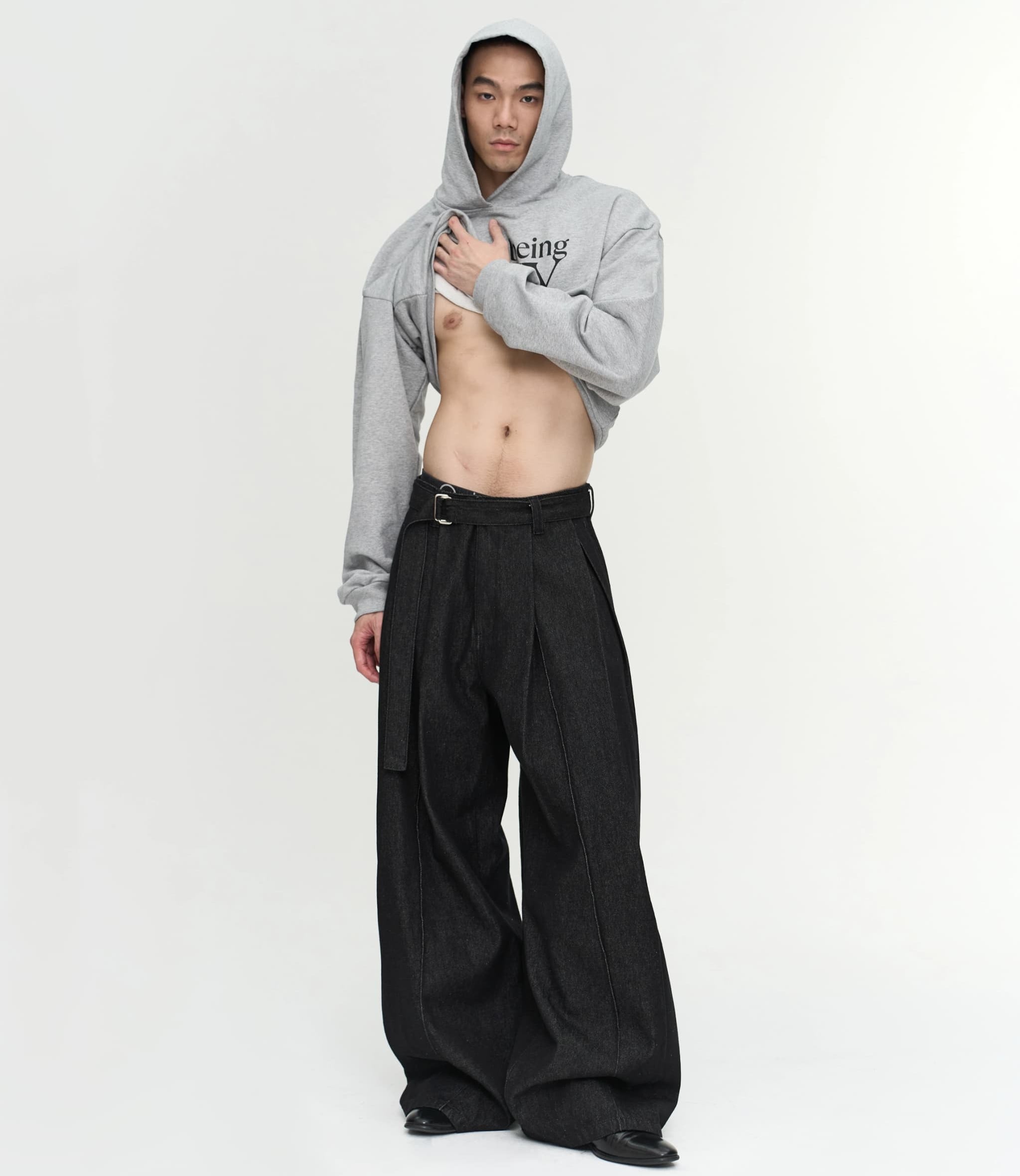 Layered-Design Wide-Leg Denim Jeans