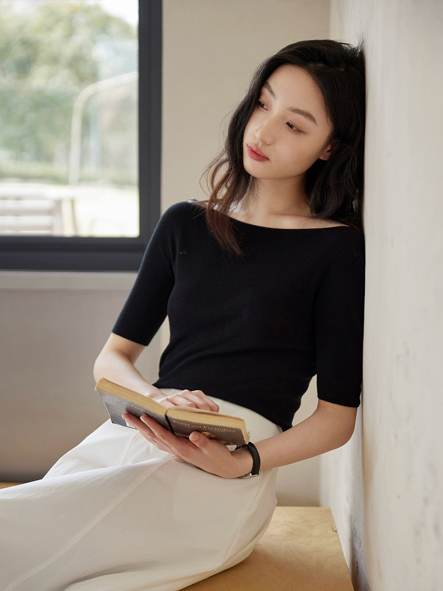 Black Boat Neck Half Sleeve Top