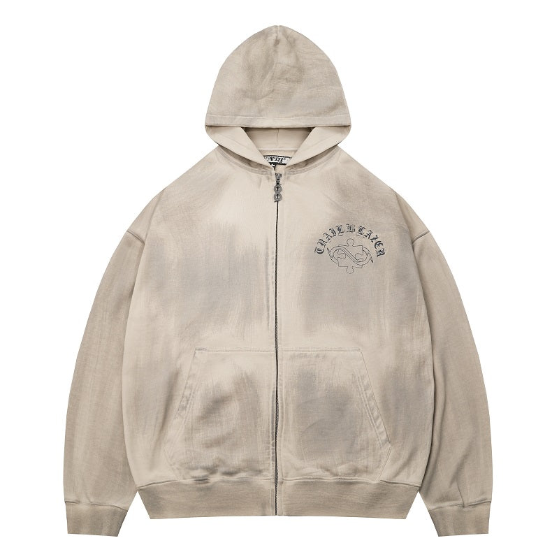 Vintage-Inspired Mud Dyed Zip-Up Hoodie - chiclara