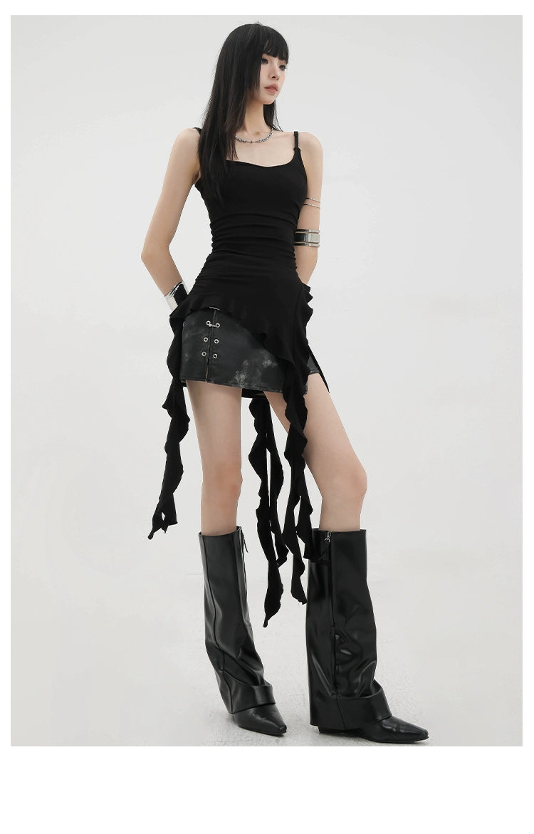 Black Asymmetric Ribbon Strap Tank Top With Ruffle Edge Design - chiclara