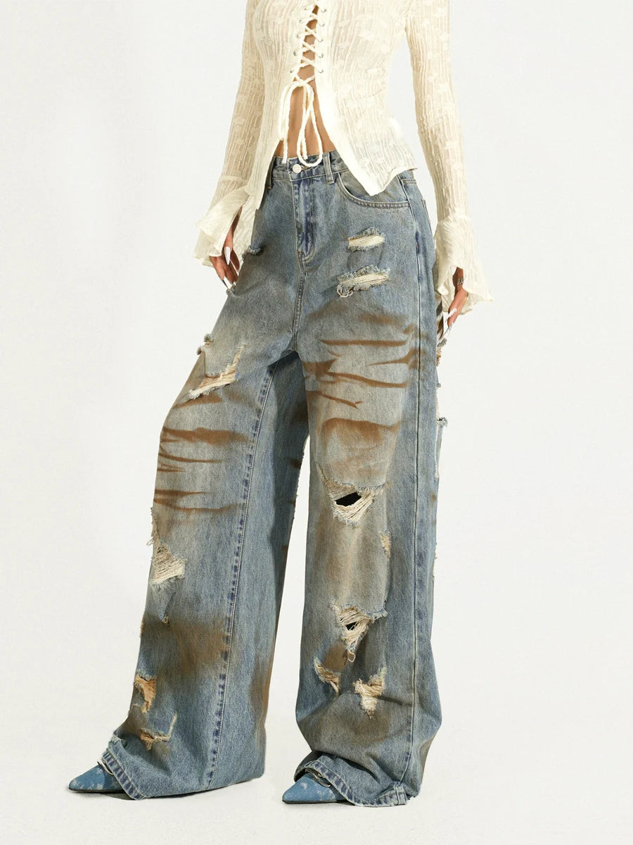 Nico Molly Heavily Distressed Wide-Leg Jeans - Light Wash (Women's)