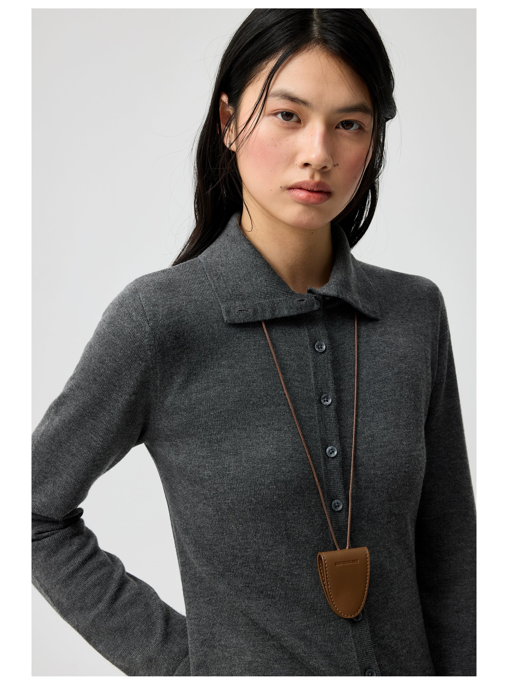 Button-Up Cardigan with Detachable Contrast Collar