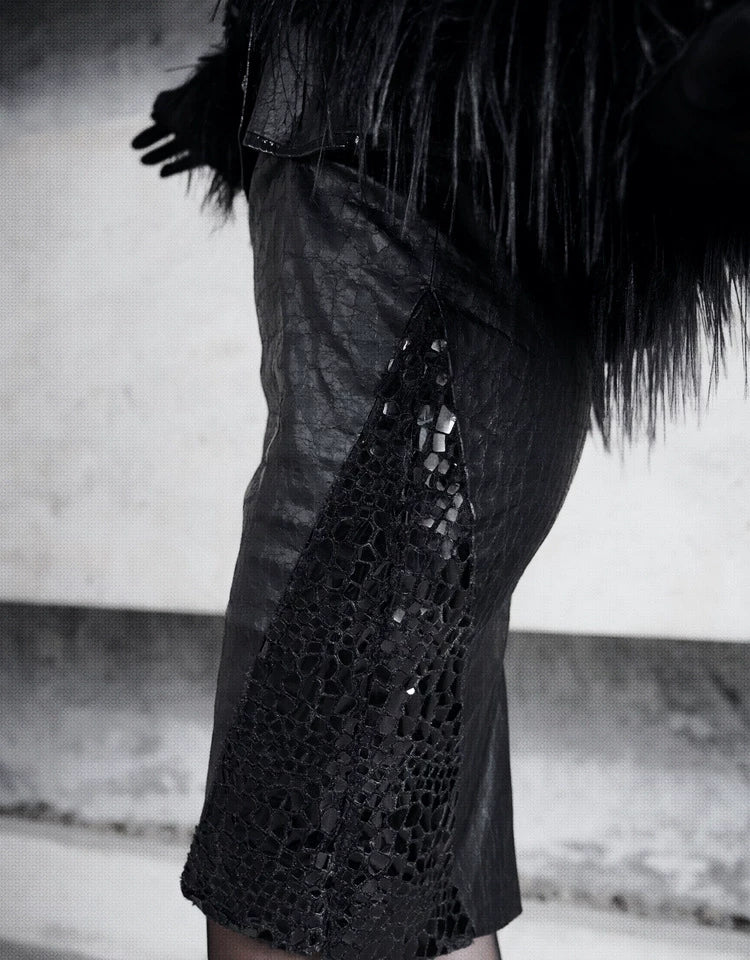 Black Snakeskin Mesh Faux Fur Pencil Skirt