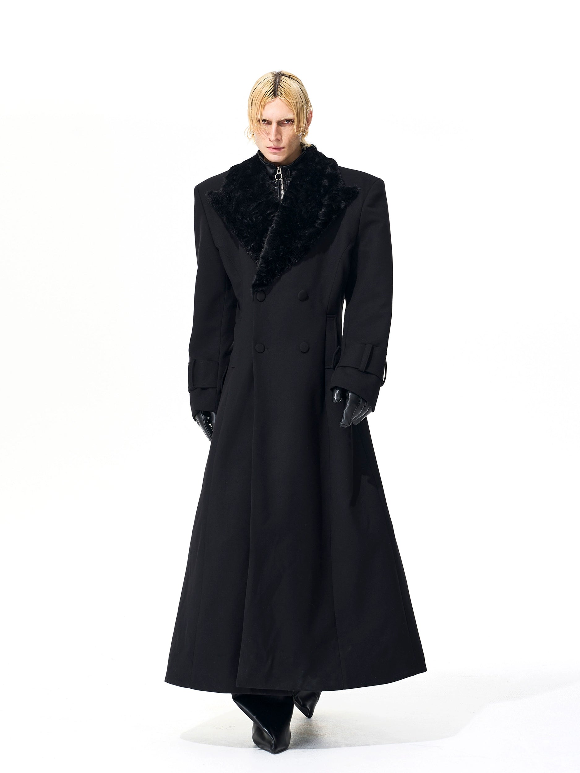 Black Faux Fur Collar Long Coat