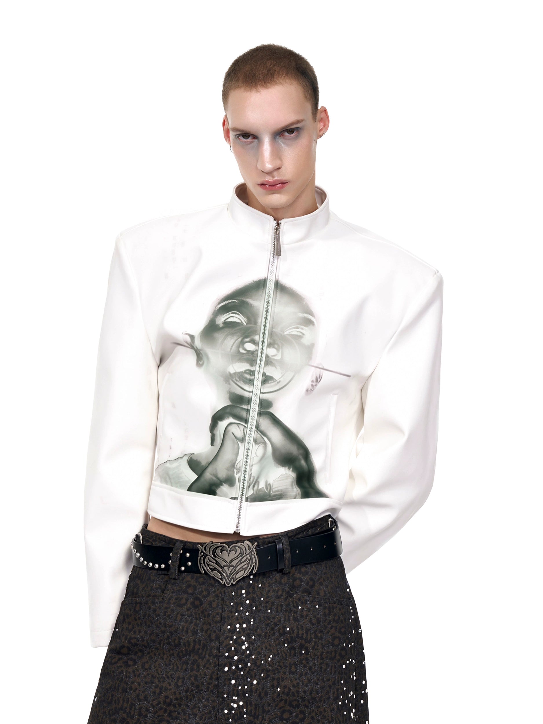 Faux Leather Jacket with Face Graphic