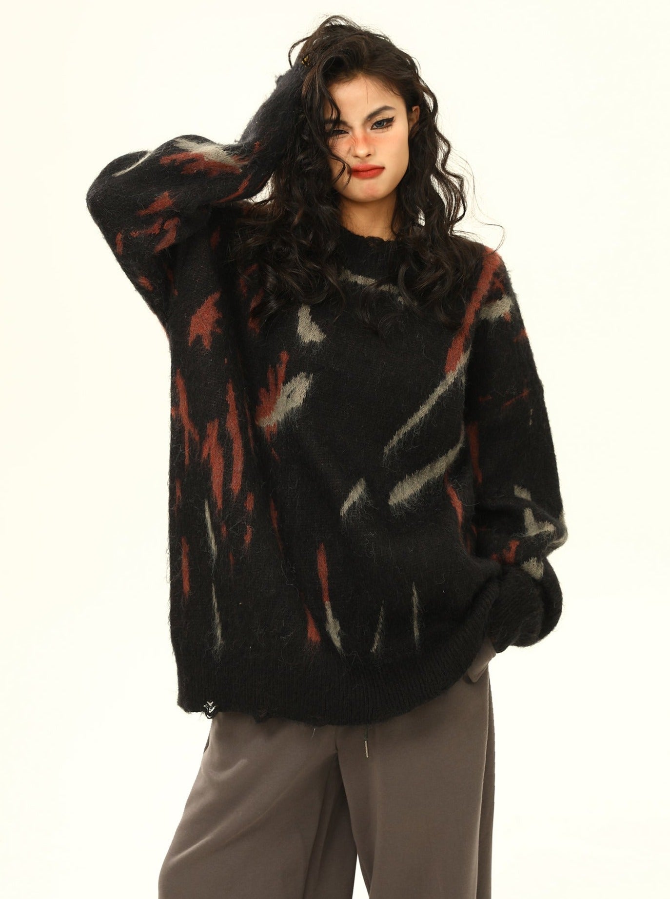 Distressed Abstract Pattern Oversized Sweater