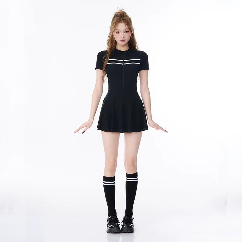 Midnight Varsity Zip Skater Swim Dress