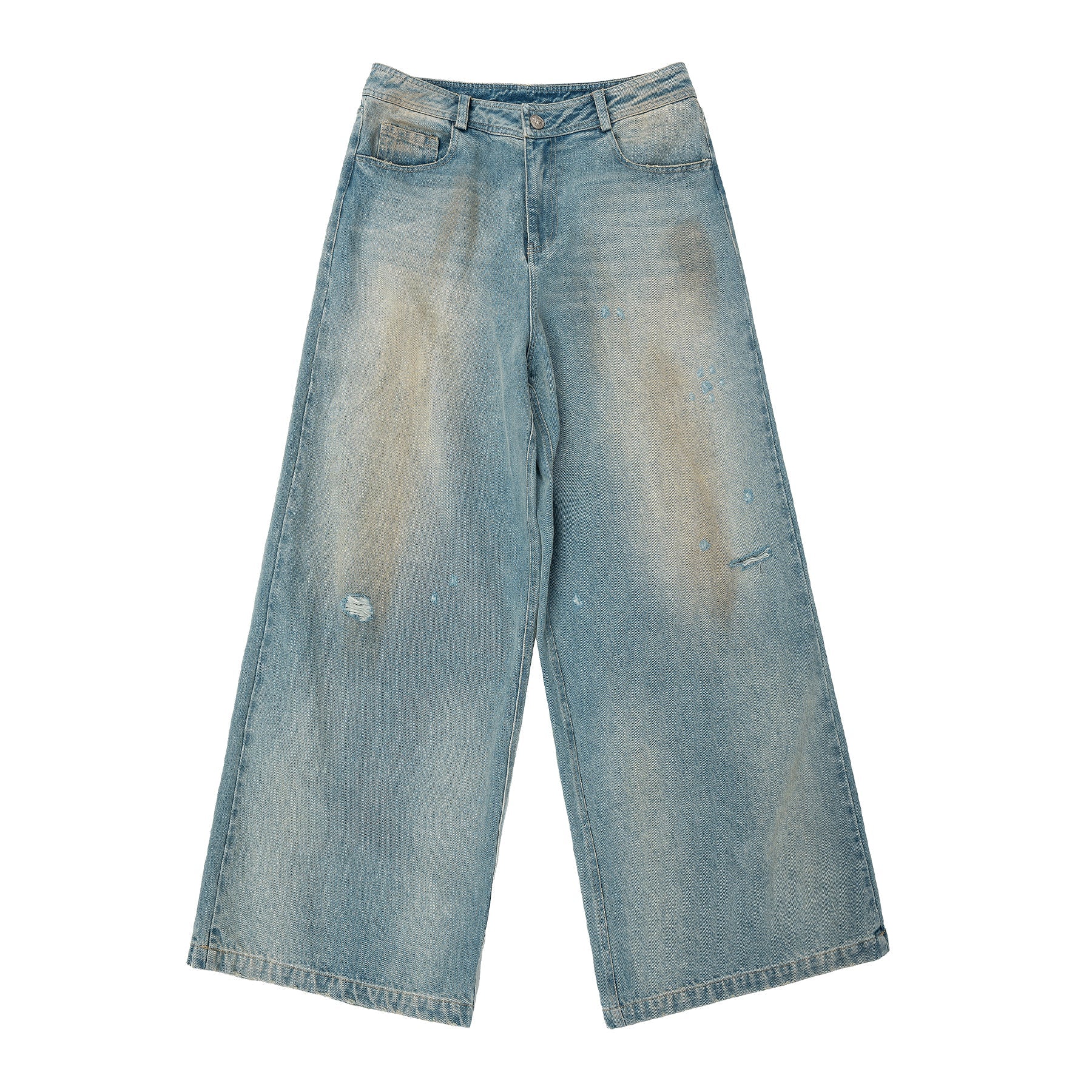 Washed Distressed Holes Wide Leg Denim Jeans - chiclara