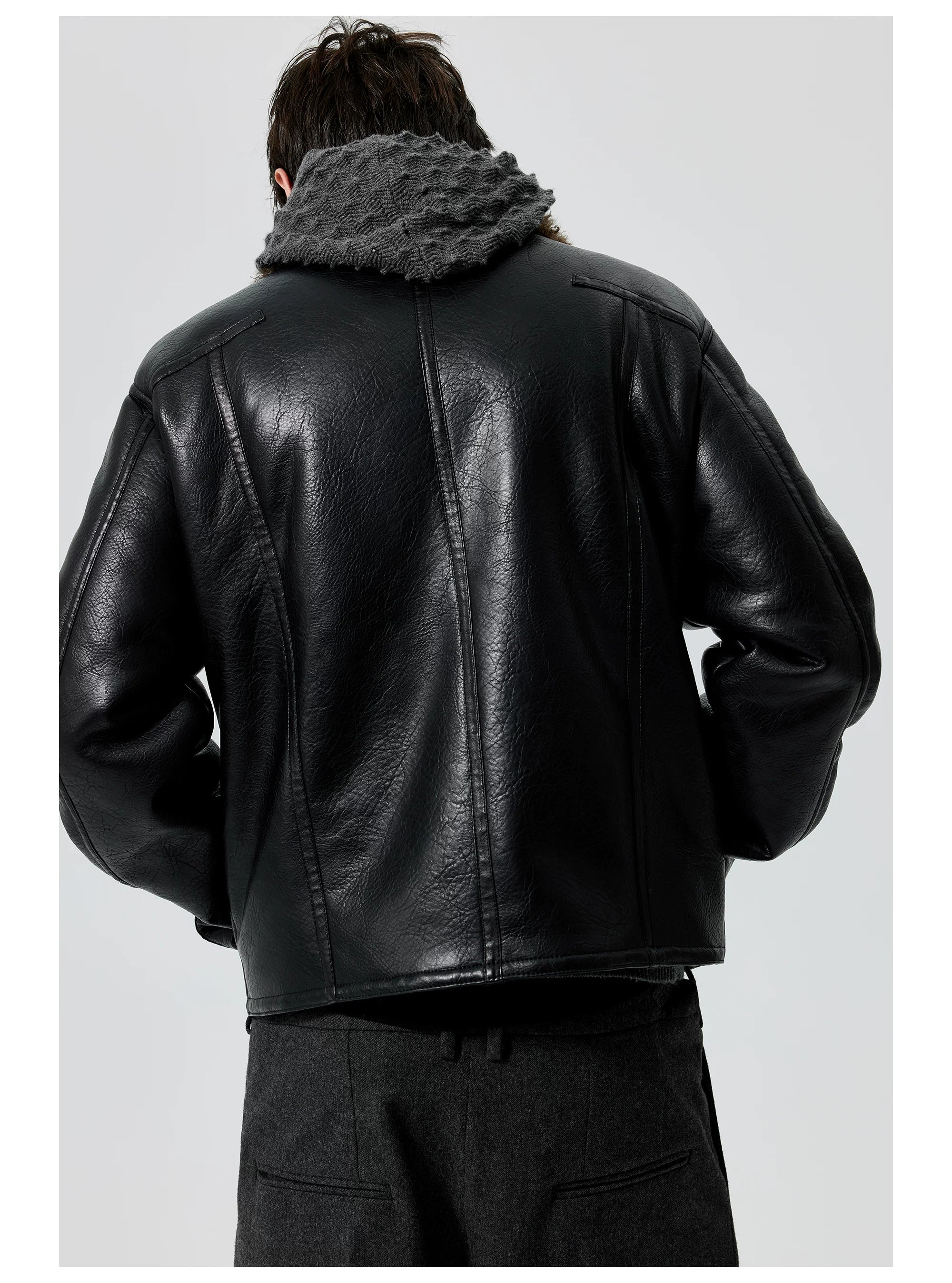 Oversized Faux Leather Jacket with Shearling Collar