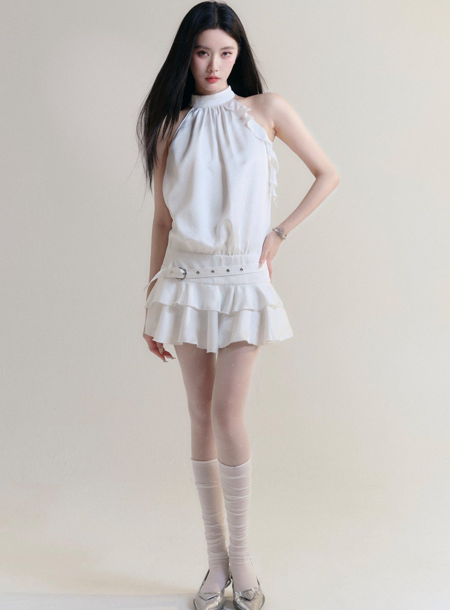 Fragile Heart White Halter Neck Ruffle Mini Dress with Belted Waist