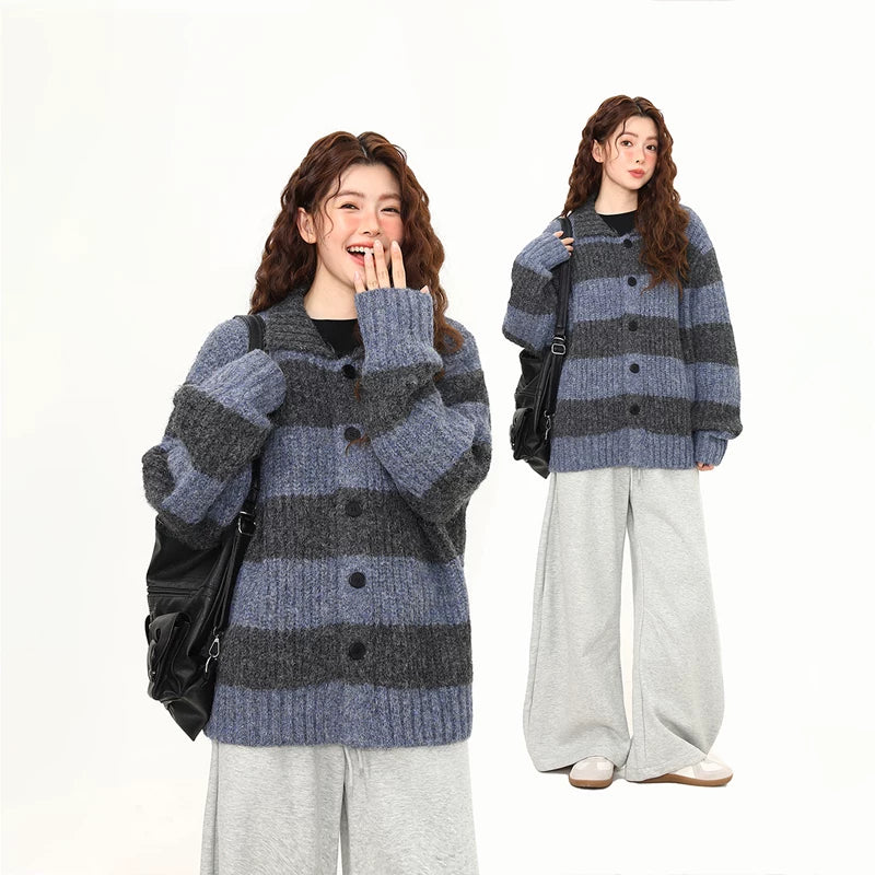 Midnight Haze Wide-Stripe Fuzzy Cardigan