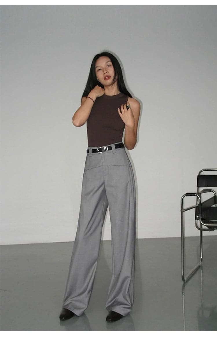 Black High-Waist Straight-Leg Suit Trousers - chiclara