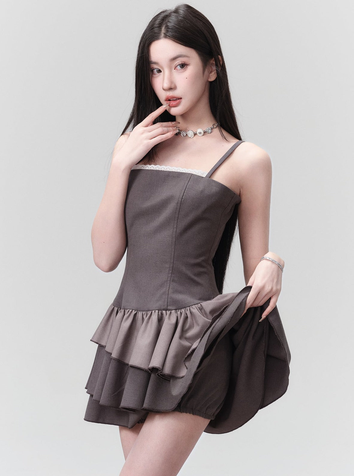 Charcoal Chic: Strapless Ruffle-Tier Mini Dress