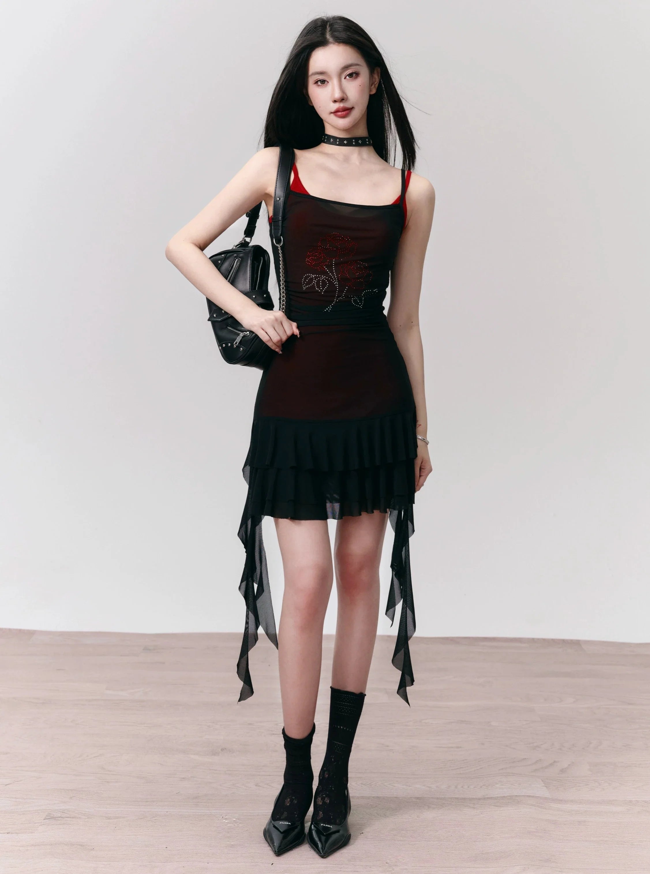 Gothic Asymmetric Hem Spaghetti Strap Mini Dress with Mesh Overlay