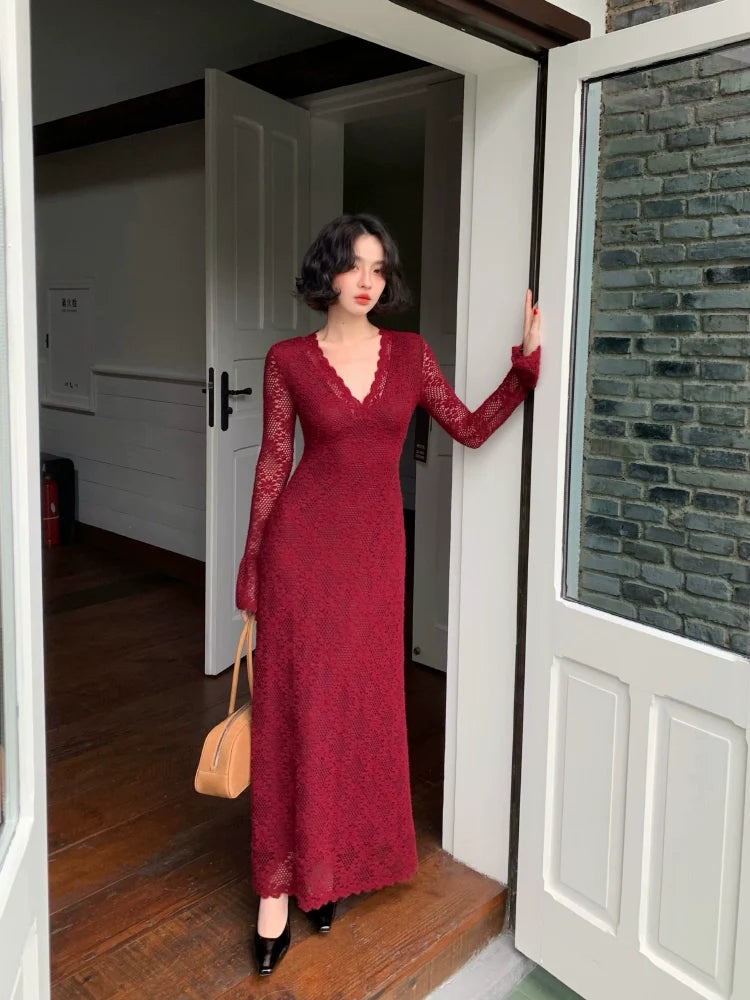 French Lace Long Sleeve Maxi Dress