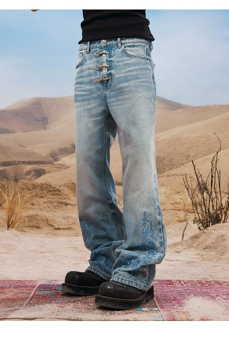 Embroidered Buckle Detail Wide Leg Jeans