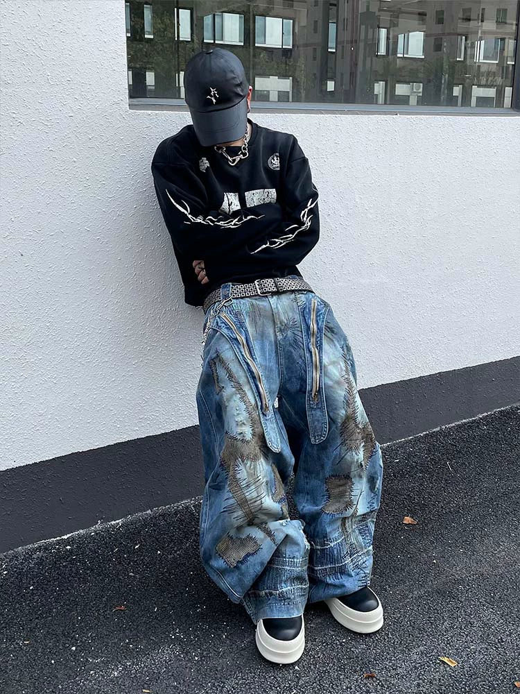 Patchwork Stitch Grunge Wide Leg Jeans