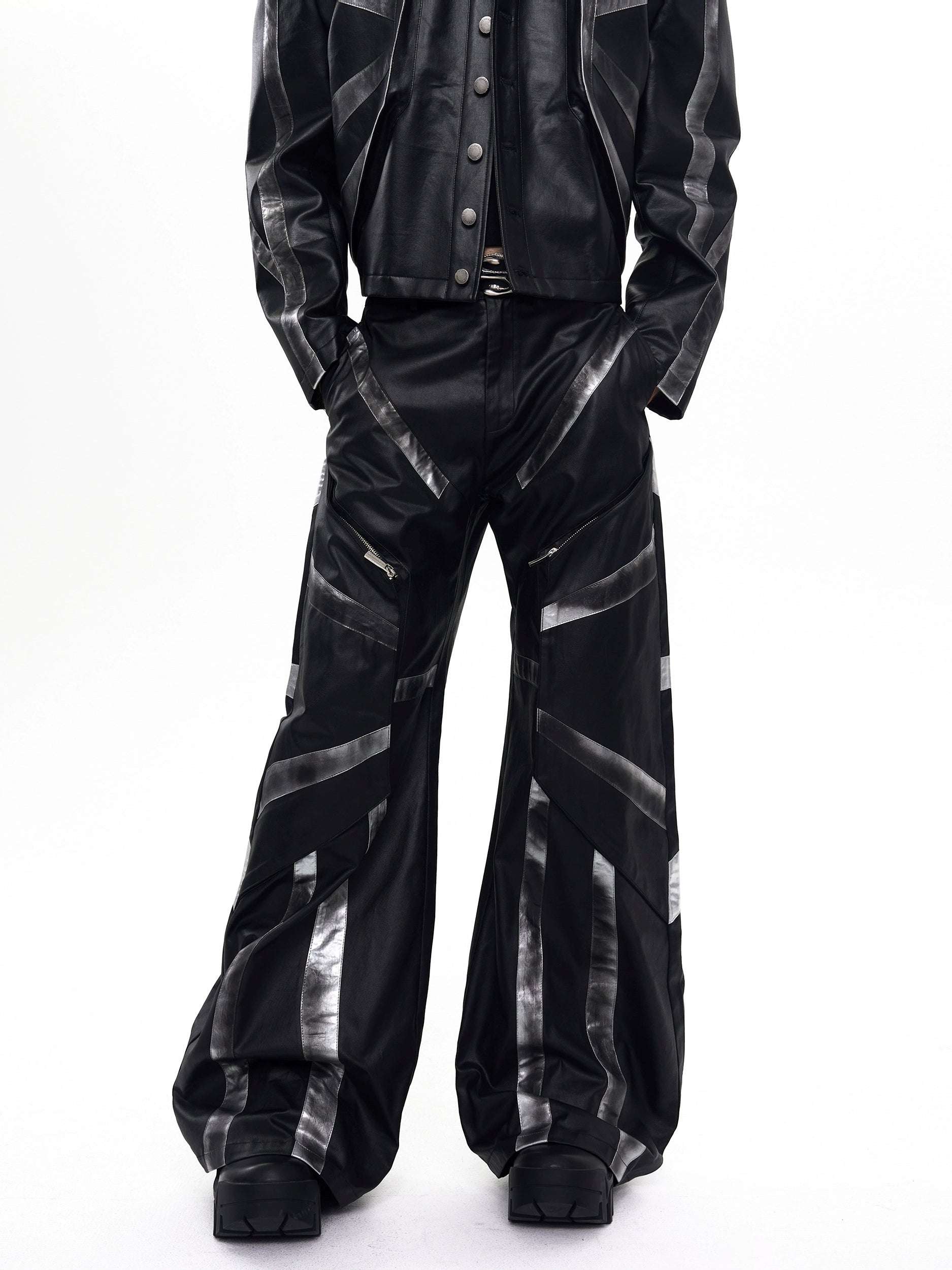 Black Metallic Jacket and Wide-Leg Pants Setup