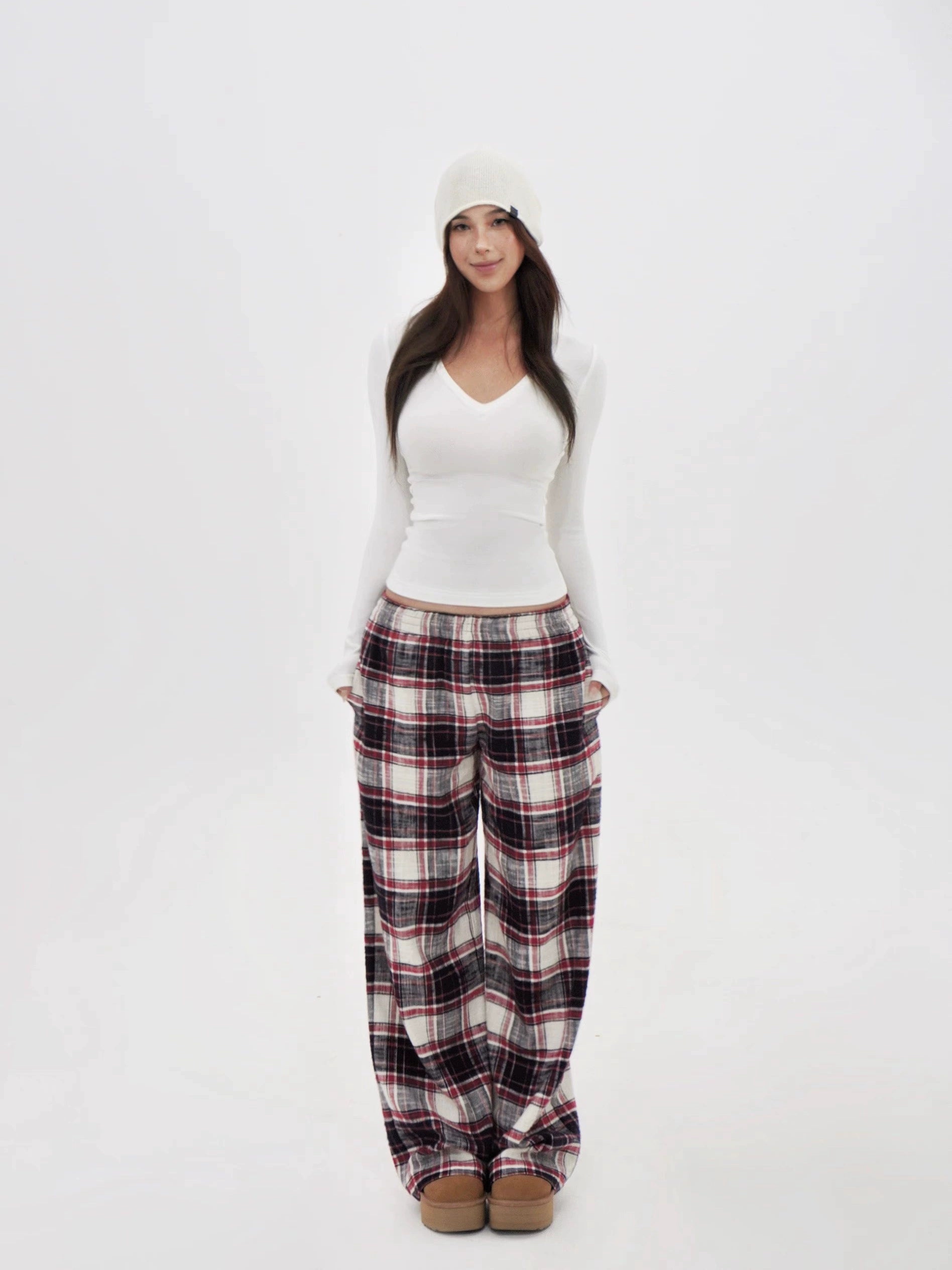 Red Plaid Wide-Leg Floor-Length Pants