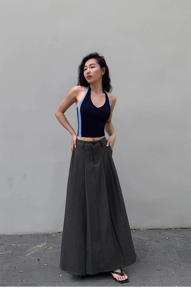 Summer Black High-Waisted Pleated Midi Skirt - chiclara